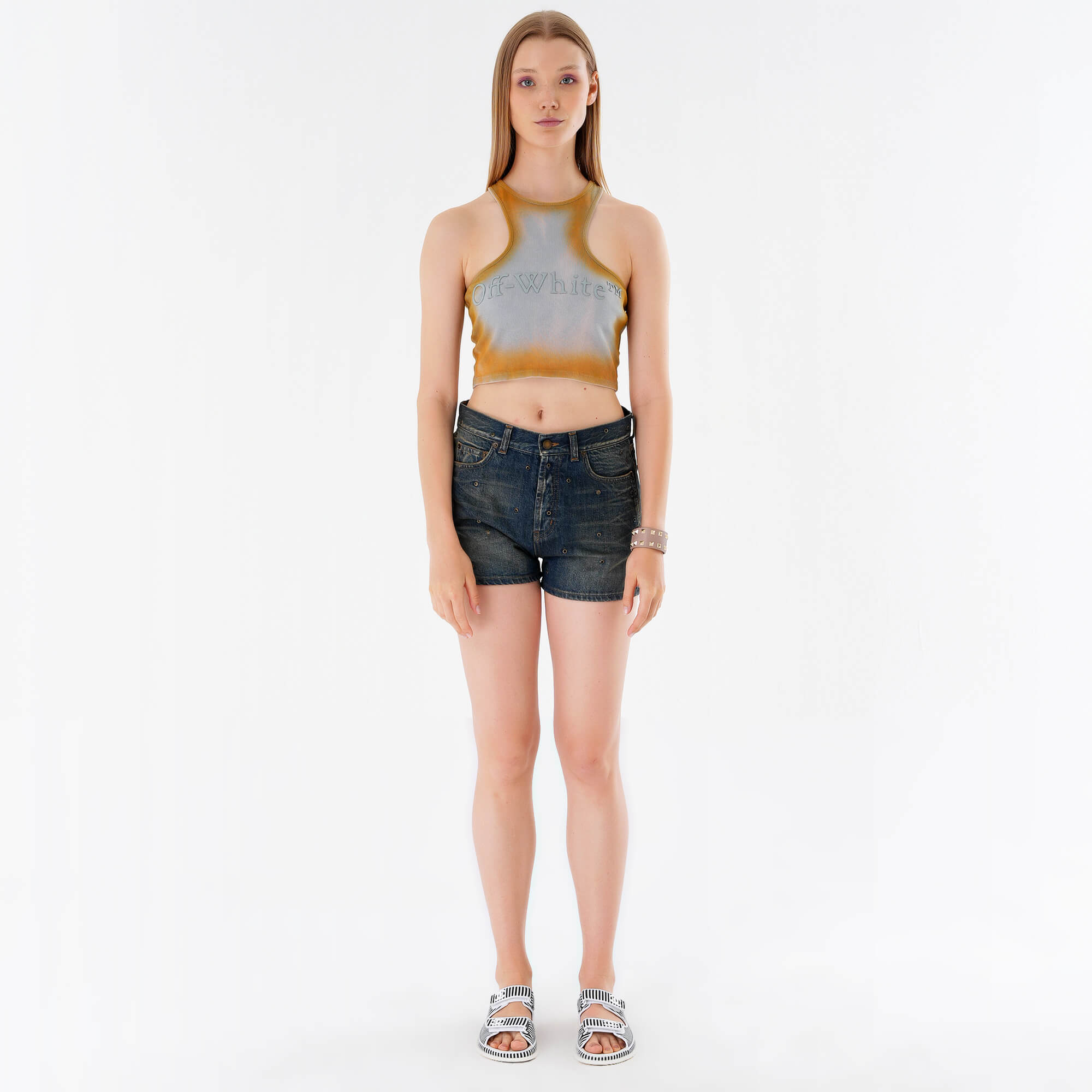 Off White - Cropped Top Blue & Tan Laundry Tank Top IT44